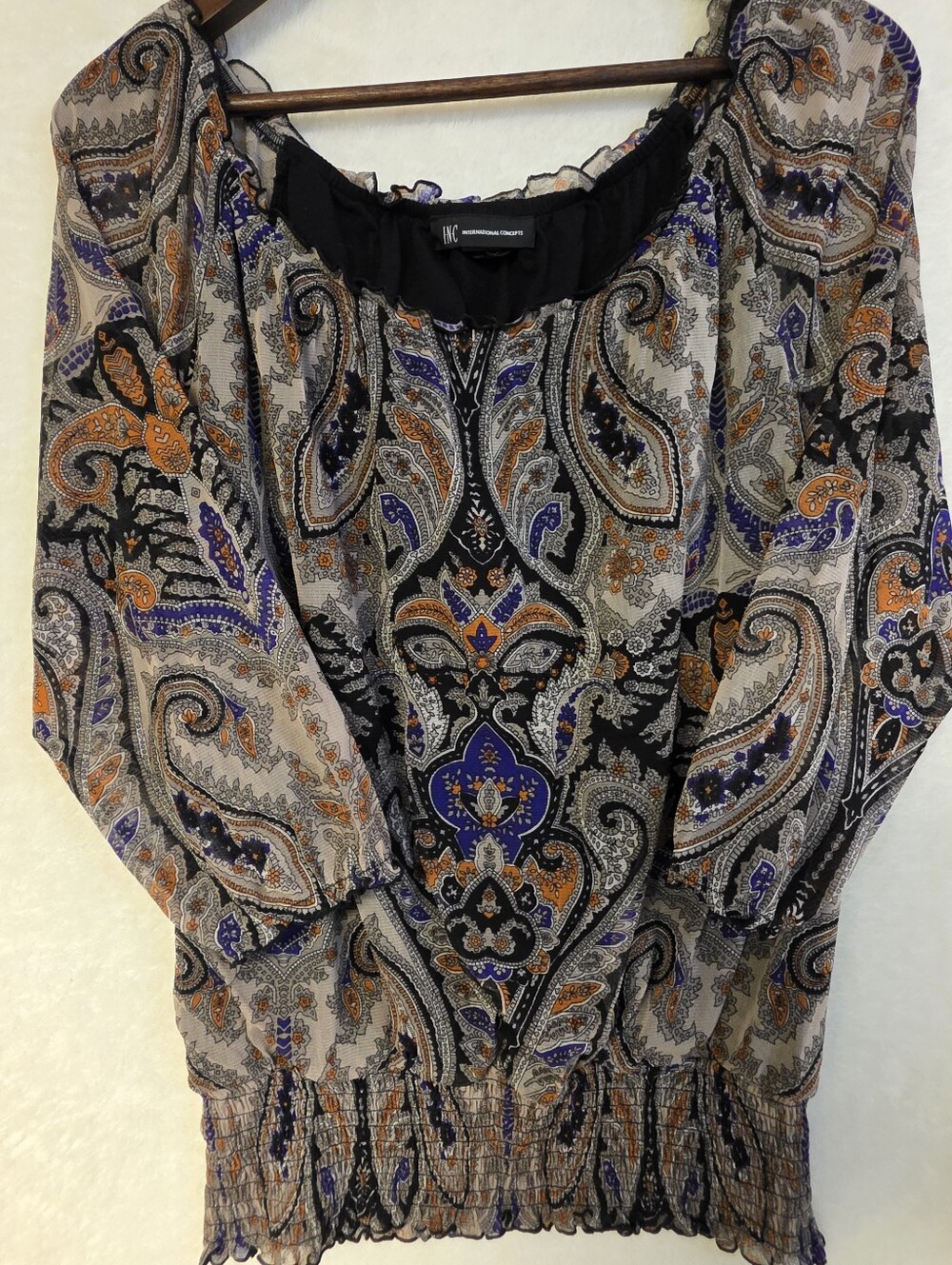 INC Ruffle Scoop Neck Black Paisley Peasant Blouse with Blue and Tan Details L.